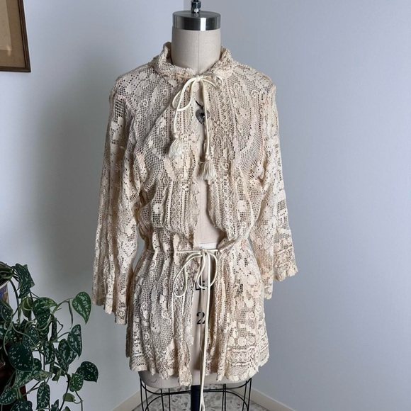Odette Barsa Sweaters - Vintage 70s cream white crochet lace, ribbon details cardigan, sheer Size S